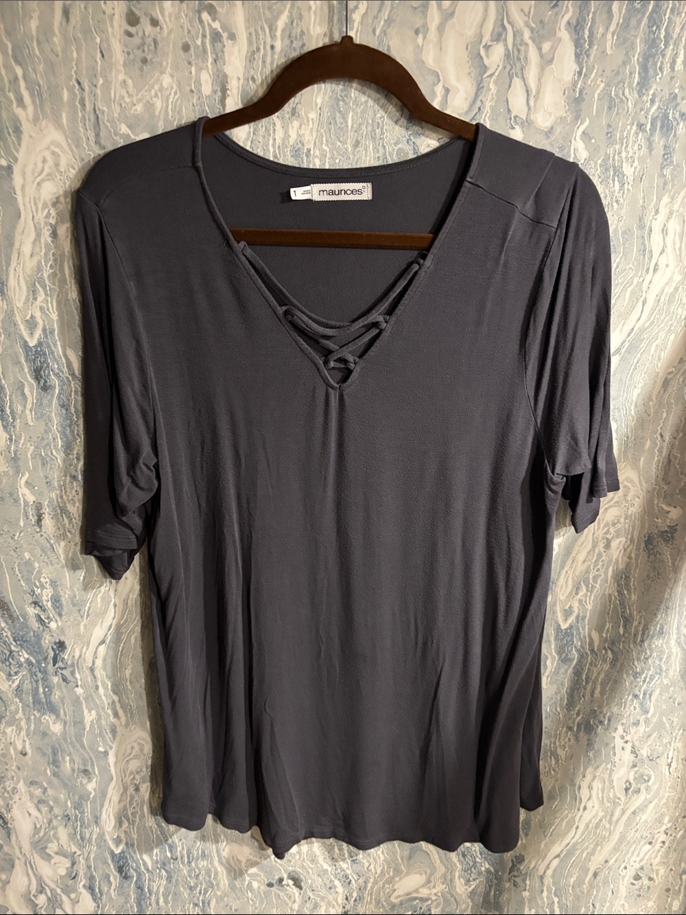 Maurices Charcoal Lace-Up V-Neck Short Sleeve Top
